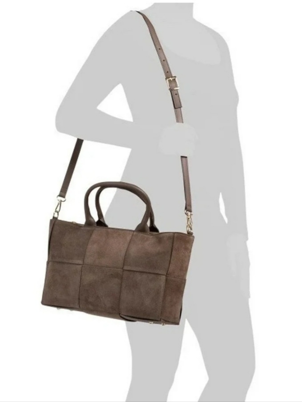 Isadora Made In Italy Suede Large Woven Shoulder Satchel In Taupe